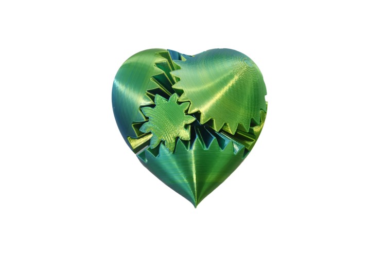 Yellow Blue Green 3D Printed Heart Gears