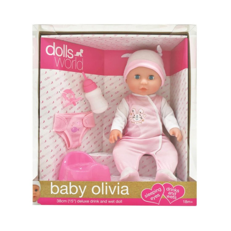 Dolls World Baby Olivia 38cm Deluxe Drink and Wet Doll