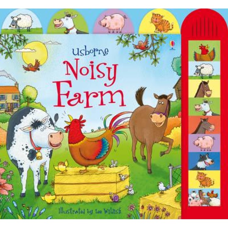 'Noisy Farm' is an illustrated board book which includes an attached sound panel. 